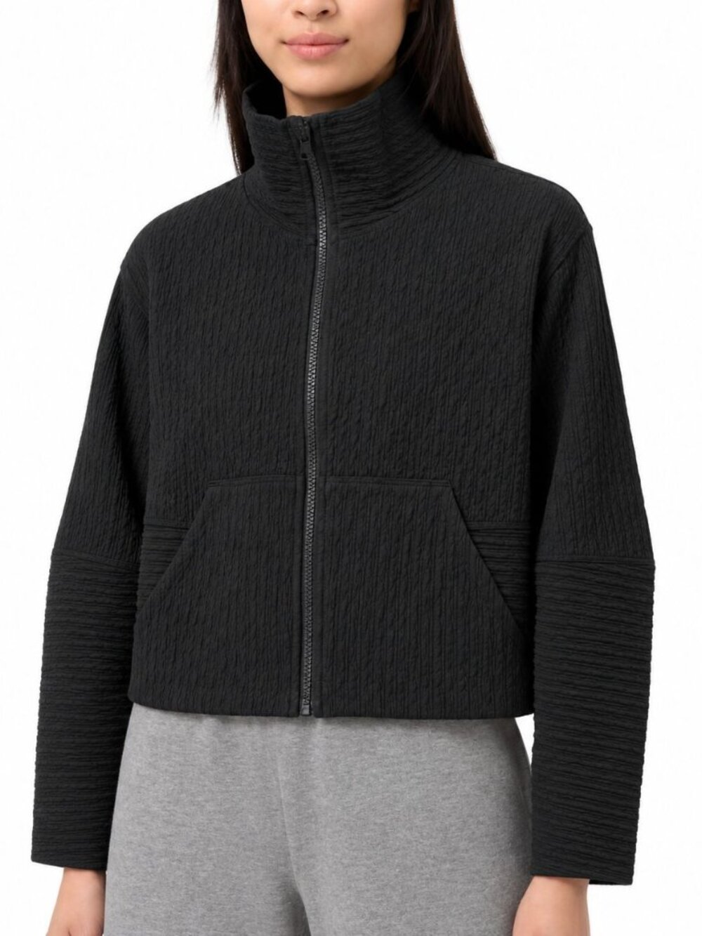 Lululemon Full-Zip Textured Cropped Jacket Funnel Neck Black XL/XXL Yoga